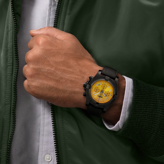 The 45 mm version of the super-charged Breitling, this selfwinding chronograph houses a high-performance Manufacture Breitling Caliber 01 in an ultra-sturdy, ultra-light case in Breitlight®: an avant-garde alloy used for the first time in the watch industry. Its original, technical and powerful look is accentuated by a black or yellow dial with aviation-inspired white stencil-type numerals, as well as an exclusive strap combining rubber and high-resistance Military textile fiber. An instrument built for extremes.