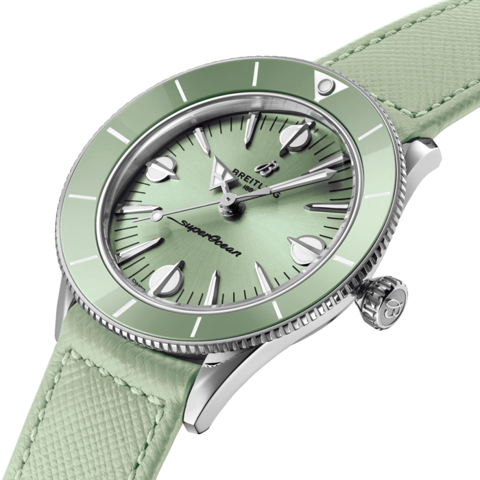 Breitling’s colorful tribute to the original SuperOcean, and the very essence of style at sea.
The Superocean Heritage ’57 Pastel Paradise Capsule Collection reuses several design elements from the original 1957 SuperOcean such as the concave ceramic bezel, oversized indexes and arrow-shaped hour hand.
But what started as a neat 1950s divers’ watch has evolved into a sleek and fresh watch with a bit of sass and a lot of versatility. Think playsuits, pink flamingos, and headbands setting off perfectly flipped hair. Imagine a carefree and confident lady enjoying a seaside resort, sporting big sunglasses and swinging a straw handbag.
Available in a tempting range of summer shades, the Superocean Heritage ’57 Pastel Paradise Capsule Collection is all about color, proportion and of course substance. It features a 38mm stainless steel case with matching tone-on-tone dials, ceramic bezels and Saffiano calfskin straps. Those who want a custom color combination will love the quick-exchange system for swapping out the straps, which also come in additional colors. The Superocean Heritage ’57 Pastel Paradise is powered by the Breitling Caliber 10, a COSC-certified chronometer.
