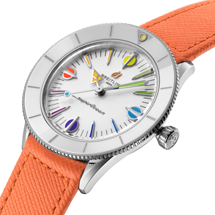 Breitling’s colorful tribute to the original SuperOcean, and the very essence of style at sea.
The Superocean Heritage ’57 Pastel Paradise Capsule Collection reuses several design elements from the original 1957 SuperOcean such as the concave ceramic bezel, oversized indexes and arrow-shaped hour hand.
But what started as a neat 1950s divers’ watch has evolved into a sleek and fresh watch with a bit of sass and a lot of versatility. Think playsuits, pink flamingos, and headbands setting off perfectly flipped hair. Imagine a carefree and confident lady enjoying a seaside resort, sporting big sunglasses and swinging a straw handbag.
Available in a tempting range of summer shades, the Superocean Heritage ’57 Pastel Paradise Capsule Collection is all about color, proportion and of course substance. It features a 38mm stainless steel case with matching tone-on-tone dials, ceramic bezels and Saffiano calfskin straps. Those who want a custom color combination will love the quick-exchange system for swapping out the straps, which also come in additional colors. The Superocean Heritage ’57 Pastel Paradise is powered by the Breitling Caliber 10, a COSC-certified chronometer.
