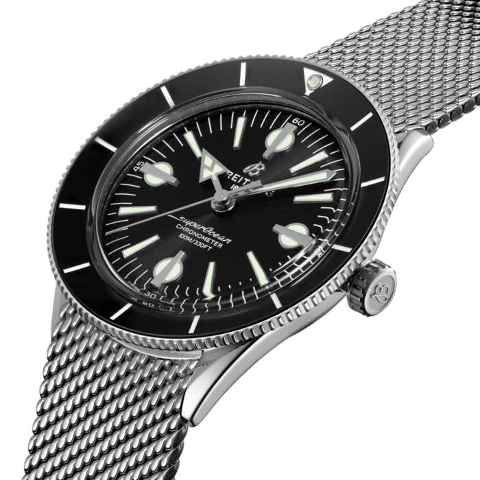 The Superocean Heritage ’57 Capsule collection pays tribute to the original 1957 SuperOcean and the cool, laid-back surfing lifestyle of the 1960s.
Available in a variety of materials including stainless steel and 18k red gold, the 42 mm case features two signature elements of the original SuperOcean: a concave bidirectional ceramic bezel and a dial featuring oversized indices. Paired with a mesh bracelet or a black, brown or gold calfskin leather strap that fits both a stainless-steel pin or folding buckle, the Superocean Heritage ‘57 is powered by the Breitling Caliber 10, a COSC-certified chronometer.
