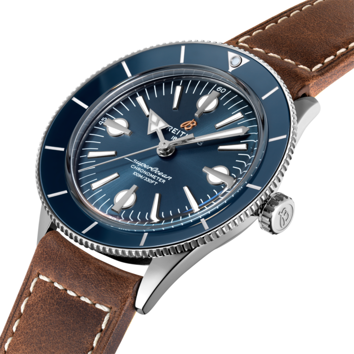 The Superocean Heritage ’57 Capsule collection pays tribute to the original 1957 SuperOcean and the cool, laid-back surfing lifestyle of the 1960s.
Available in a variety of materials including stainless steel and 18k red gold, the 42 mm case features two signature elements of the original SuperOcean: a concave bidirectional ceramic bezel and a dial featuring oversized indices. Paired with a mesh bracelet or a black, brown or gold calfskin leather strap that fits both a stainless-steel pin or folding buckle, the Superocean Heritage ‘57 is powered by the Breitling Caliber 10, a COSC-certified chronometer.