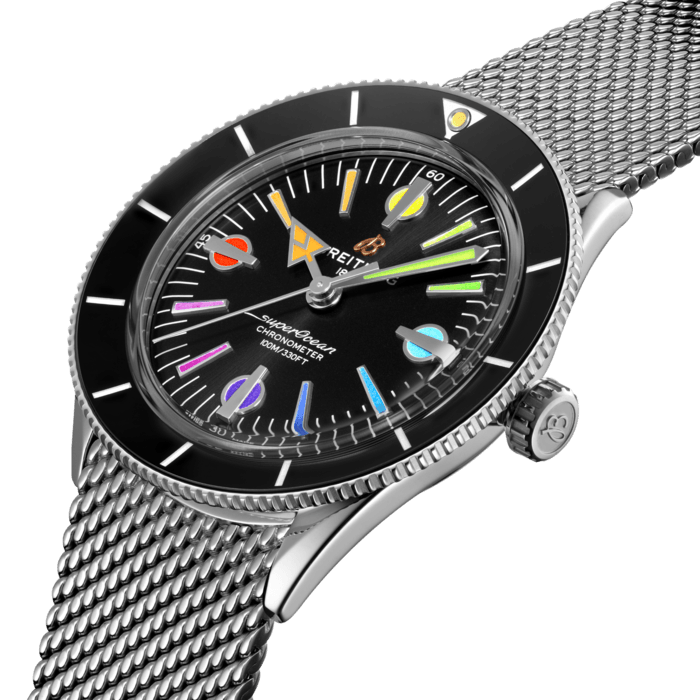 The Superocean Heritage ’57 Capsule collection pays tribute to the original 1957 SuperOcean and the cool, laid-back surfing lifestyle of the 1960s. This colorful variation comes in a limited edition of 250 pieces.
The 42 mm stainless-steel case features two signature elements of the original SuperOcean: a concave bidirectional ceramic bezel and a dial featuring oversized indices. Paired with a mesh bracelet or a black calfskin leather strap that fits both a stainless-steel pin or folding buckle, this colorful Superocean Heritage ‘57 is powered by the Breitling Caliber 10, a COSC-certified chronometer.