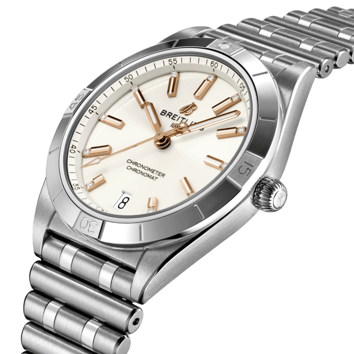 Stylish yet elegant, the modern-retro inspired Chronomat Automatic 36 is the versatile sporty and chic watch for any occasion.
It is available in an array of metal cases, from cool stainless steel, to goes-with-everything bicolor, or even luxurious 18k red gold. Women craving extra sparkle will also be able to opt for diamond-set bezels, indices, and colorful dials. Featuring Breitling’s iconic and comfortable “Rouleaux” bracelet with a butterfly clasp, the Chronomat Automatic 36 is powered by the Breitling Caliber 10, a COSC-certified chronometer.