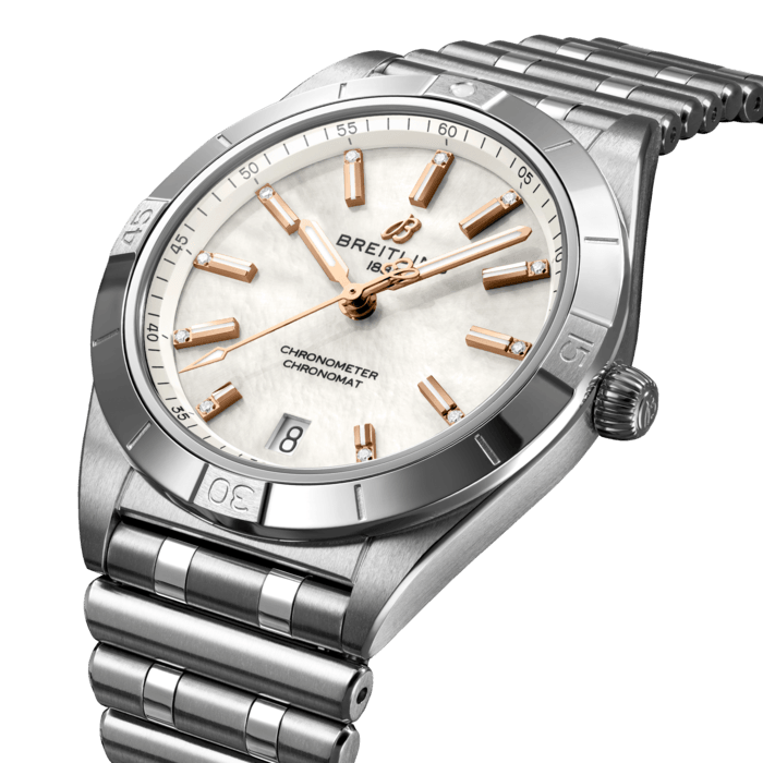 Stylish yet elegant, the modern-retro inspired Chronomat Automatic 36 is the versatile sporty and chic watch for any occasion.
It is available in an array of metal cases, from cool stainless steel, to goes-with-everything bicolor, or even luxurious 18k red gold. Women craving extra sparkle will also be able to opt for diamond-set bezels, indices, and colorful dials. Featuring Breitling’s iconic and comfortable “Rouleaux” bracelet with a butterfly clasp, the Chronomat Automatic 36 is powered by the Breitling Caliber 10, a COSC-certified chronometer.