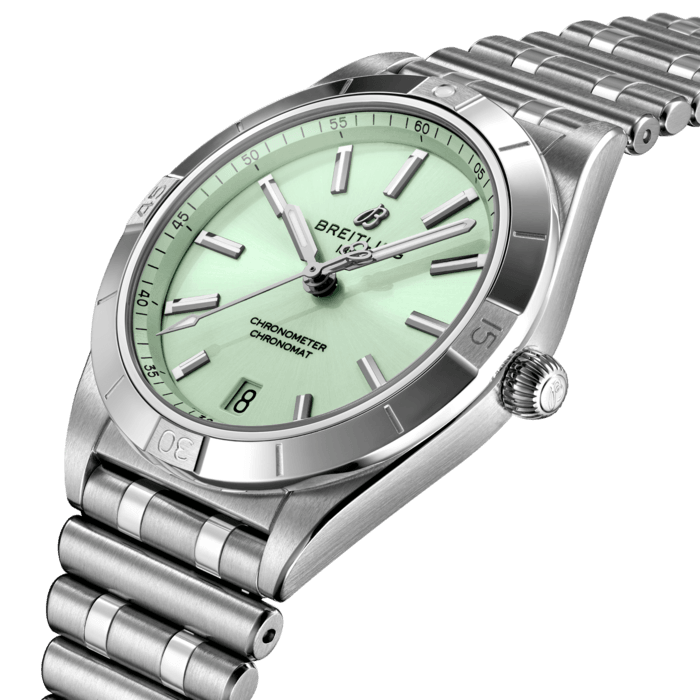 Stylish yet elegant, the modern-retro inspired Chronomat Automatic 36 is the versatile sporty and chic watch for any occasion.
It is available in an array of metal cases, from cool stainless steel, to goes-with-everything bicolor, or even luxurious 18k red gold. Women craving extra sparkle will also be able to opt for diamond-set bezels, indices, and colorful dials. Featuring Breitling’s iconic and comfortable “Rouleaux” bracelet with a butterfly clasp, the Chronomat Automatic 36 is powered by the Breitling Caliber 10, a COSC-certified chronometer.
