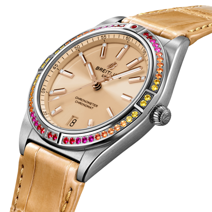 With eye-catching colors and luminescence, the Chronomat South Sea Capsule Collection evokes the intoxicating vibes of summer, marine life and lush greenery.
Available in three distinctive versions, the Chronomat Automatic 36 South Sea Capsule Collection is the spirited sister of Breitling’s latest Chronomat for women. This elegantly modern retro-inspired watch is for ladies looking to stand out from the crowd.
Featuring special lacquered dials with golden indexes and hands, diamond-set hour markers and cocktail-hued gem-set bezels, the Chronomat South Sea are paired to color-matched shiny alligator straps with folding clasps. The Chronomat Automatic 36 South Sea are powered by the Breitling Caliber 10, a COSC-certified chronometer.