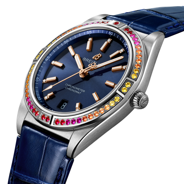 With eye-catching colors and luminescence, the Chronomat South Sea Capsule Collection evokes the intoxicating vibes of summer, marine life and lush greenery.
Available in three distinctive versions, the Chronomat Automatic 36 South Sea Capsule Collection is the spirited sister of Breitling’s latest Chronomat for women. This elegantly modern retro-inspired watch is for ladies looking to stand out from the crowd.
Featuring special lacquered dials with golden indexes and hands, diamond-set hour markers and cocktail-hued gem-set bezels, the Chronomat South Sea are paired to color-matched shiny alligator straps with folding clasps. The Chronomat Automatic 36 South Sea are powered by the Breitling Caliber 10, a COSC-certified chronometer.