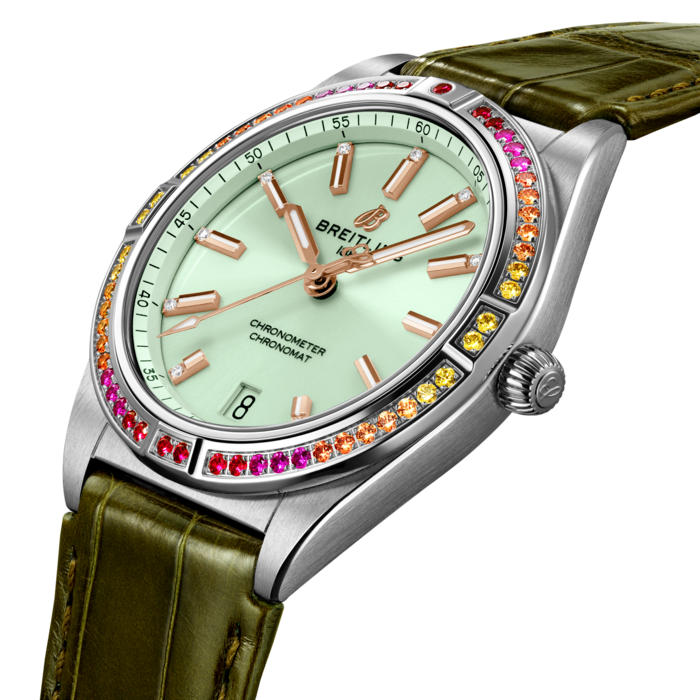 With eye-catching colors and luminescence, the Chronomat South Sea Capsule Collection evokes the intoxicating vibes of summer, marine life and lush greenery.
Available in three distinctive versions, the Chronomat Automatic 36 South Sea Capsule Collection is the spirited sister of Breitling’s latest Chronomat for women. This elegantly modern retro-inspired watch is for ladies looking to stand out from the crowd.
Featuring special lacquered dials with golden indexes and hands, diamond-set hour markers and cocktail-hued gem-set bezels, the Chronomat South Sea are paired to color-matched shiny alligator straps with folding clasps. The Chronomat Automatic 36 South Sea are powered by the Breitling Caliber 10, a COSC-certified chronometer.