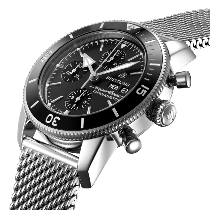 Inspired by the original Superocean from the 1950s, the Superocean Heritage combines iconic design features with a modern touch. Sporty and elegant, the Superocean Heritage is a true embodiment of style at sea.
Featuring the iconic triangular-shaped hands as well as a unidirectional bezel with a polished ceramic ring, the Superocean Heritage is an elegant looking diver’s watch. Available in a variety of materials including stainless steel and 18k red gold, the Superocean Heritage Chronograph 44 features a range of colored dials. Offered either with a matching mesh bracelet, or a “mesh-styled” rubber strap fitting a folding buckle, this Superocean Heritage is powered by the Breitling Caliber 13, a COSC-certified chronometer.