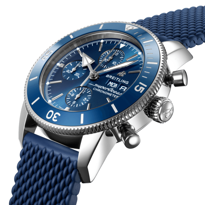Inspired by the original Superocean from the 1950s, the Superocean Heritage combines iconic design features with a modern touch. Sporty and elegant, the Superocean Heritage is a true embodiment of style at sea.
Featuring the iconic triangular-shaped hands as well as a unidirectional bezel with a polished ceramic ring, the Superocean Heritage is an elegant looking diver’s watch. Available in a variety of materials including stainless steel and 18k red gold, the Superocean Heritage Chronograph 44 features a range of colored dials. Offered either with a matching mesh bracelet, or a “mesh-styled” rubber strap fitting a folding buckle, this Superocean Heritage is powered by the Breitling Caliber 13, a COSC-certified chronometer.