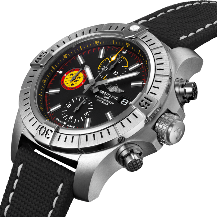Bold, extremely robust and shock resistant, this Breitling Avenger is a tribute to the Swiss Air Force Team, celebrating the 55th anniversary of Breitling’s home country Air Force Team. The Avenger Chronograph 45 Swiss Air Force Team Limited Edition features a sturdy 45mm stainless-steel case, black dial with the colorful Swiss Air Force Team logo and black military leather strap with a stainless-steel pin buckle. Thanks to its rugged bezel and its special grip-pattern on the crown & chronograph pushers, the Avenger Chronograph 45 Swiss Air Force Team Limited Edition can be easily operated wearing gloves. This special edition is limited to 550 pieces.