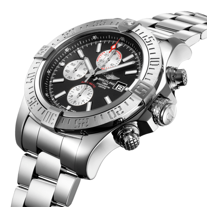 The ideal companion for any challenge, the Super Avenger II chronograph combines an impressive 48 mm diameter with a powerful and highly professional aesthetic. Its steel case, water-resistant to 300 m (1,000 ft), is geared up for the most extreme missions thanks to its rugged construction, screwed-in pushpiece guards and solid screw-lock crown with non-slip grip. The self-winding chronograph caliber is chronometer-certified by the COSC.