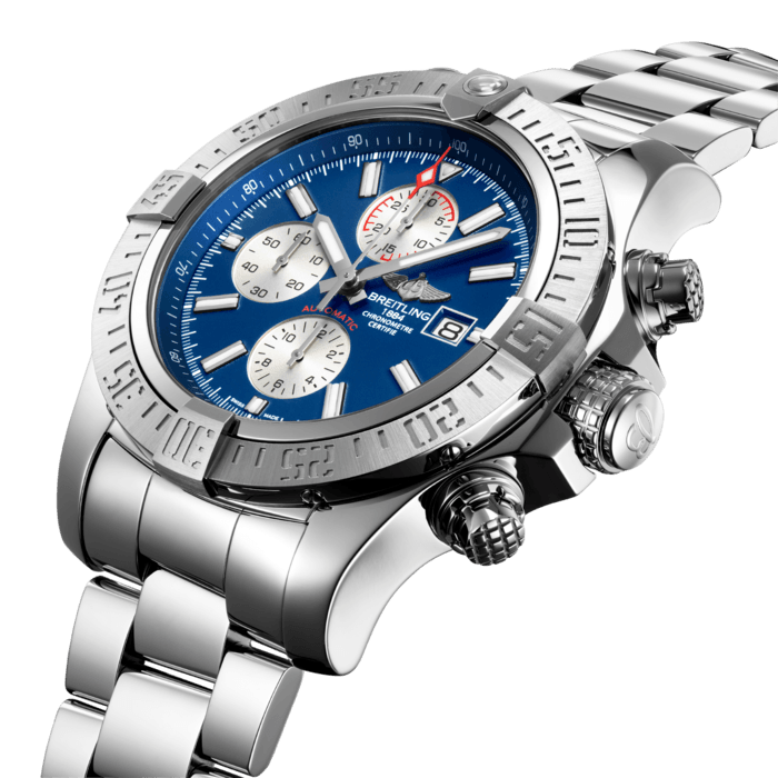 The ideal companion for any challenge, the Super Avenger II chronograph combines an impressive 48 mm diameter with a powerful and highly professional aesthetic. Its steel case, water-resistant to 300 m (1,000 ft), is geared up for the most extreme missions thanks to its rugged construction, screwed-in pushpiece guards and solid screw-lock crown with non-slip grip. The self-winding chronograph caliber is chronometer-certified by the COSC.