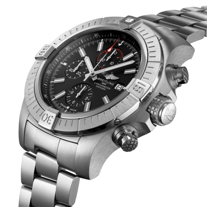Bold, extremely robust and shock resistant, the Super Avenger Chronograph 48 makes a big “here I am” statement. As a true Breitling Avenger, it can be used wearing gloves and offers unrivalled safety and reliability to any airborne adventurer. The Super Avenger Chronograph 48 features a sturdy oversized 48mm stainless-steel case, black dial and a choice of a stainless-steel bracelet, or black military leather strap that fits either a stainless-steel pin buckle or folding clasp. Thanks to its rugged bezel and its special grip-pattern on the crown & chronograph pushers, the Super Avenger Chronograph 48 can be easily operated wearing gloves.