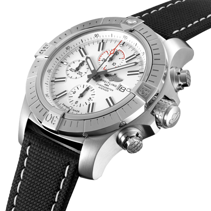 Bold, extremely robust and shock resistant, the Super Avenger Chronograph 48 makes a big “here I am” statement. As a true Breitling Avenger, it can be used wearing gloves and offers unrivalled safety and reliability to any airborne adventurer. Limited to 1000 pieces, this Super Avenger Chronograph 48 features a sturdy oversized 48 mm stainless-steel case, unique white dial and a choice of a stainless-steel bracelet, or a black military leather strap that fits either a stainless-steel pin buckle or folding clasp. Thanks to its rugged bezel and its special grip pattern on the crown and chronograph pushers, the Super Avenger Chronograph 48 can be easily operated wearing gloves.
