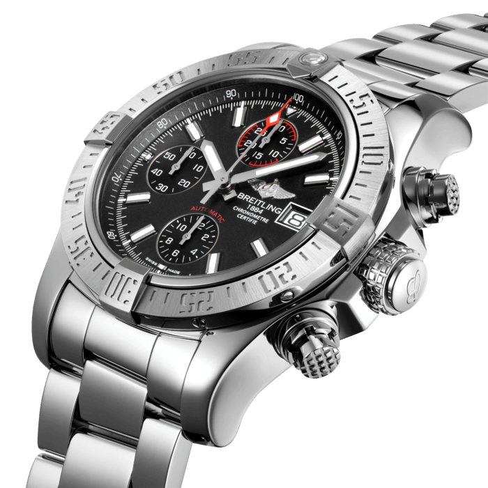 The embodiment of power in action, the Avenger II chronograph comes in several dial colors (black, blue and grey) with stencil-type numerals or hour-markers, on a rubber strap or on a bracelet. The steel case, water-resistant to 300 m (1,000 ft), with screwed-in pushpiece guards, houses a self-winding chronograph caliber that is officially chronometer-certified like all Breitling calibers. The titanium caseback bears a conversion scale for Anglo-Saxon and metric measurements. A model of reliability, efficiency and outstanding ergonomics.