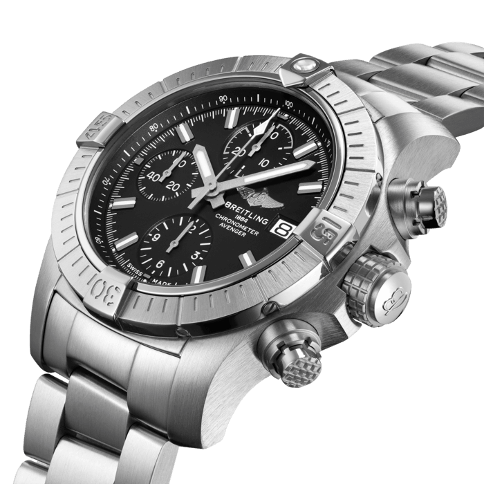 Bold, extremely robust and shock resistant, the Avenger Chronograph 43 is the most versatile and compact Avenger chronograph. As a true Breitling Avenger, it can be used wearing gloves and offers unrivalled safety and reliability to any airborne adventurer. The Avenger Chronograph 43 features a sturdy 43mm stainless-steel case, black or blue dial and a choice of a stainless-steel bracelet, or matching black or blue military leather strap that fits either a stainless-steel pin buckle or folding clasp. Thanks to its rugged bezel and its special grip-pattern on the crown & chronograph pushers, the Avenger Chronograph 43 can be easily operated wearing gloves.