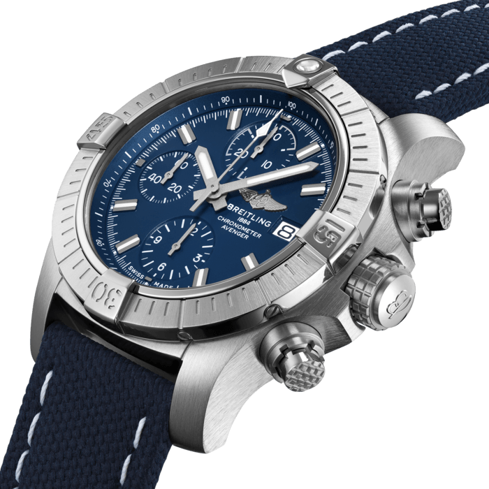 Bold, extremely robust and shock resistant, the Avenger Chronograph 43 is the most versatile and compact Avenger chronograph. As a true Breitling Avenger, it can be used wearing gloves and offers unrivalled safety and reliability to any airborne adventurer. The Avenger Chronograph 43 features a sturdy 43mm stainless-steel case, black or blue dial and a choice of a stainless-steel bracelet, or matching black or blue military leather strap that fits either a stainless-steel pin buckle or folding clasp. Thanks to its rugged bezel and its special grip-pattern on the crown & chronograph pushers, the Avenger Chronograph 43 can be easily operated wearing gloves.