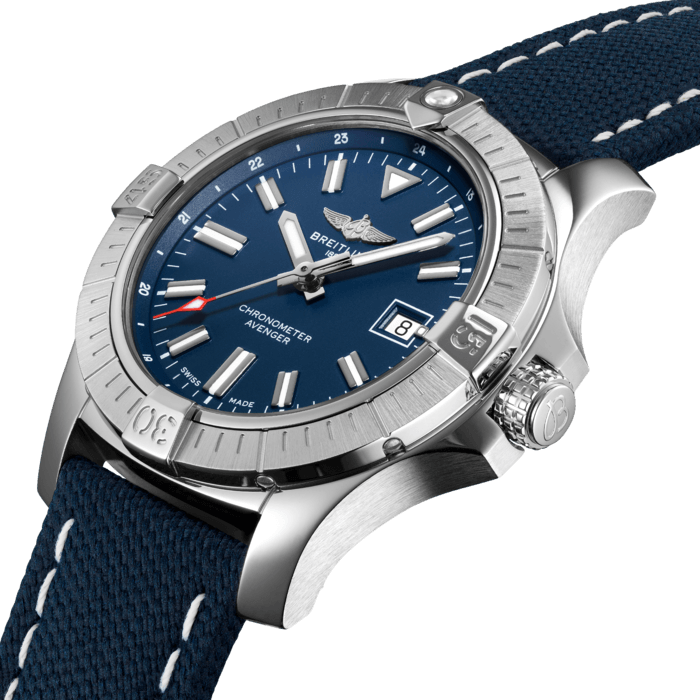 Bold, extremely robust and shock resistant, the Avenger Automatic 43 features a clean dial offering optimal legibility. As a true Breitling Avenger, it can be used wearing gloves and offers unrivalled safety and reliability to any airborne adventurer. The Avenger Automatic 43 features a sturdy 43mm stainless-steel case, colorful dial and a choice of a stainless-steel bracelet, or matching military leather strap that fits either a stainless-steel pin buckle or folding clasp. Thanks to its rugged bezel and its special grip-pattern on the crown, the Avenger Automatic 43 can be easily operated wearing gloves.