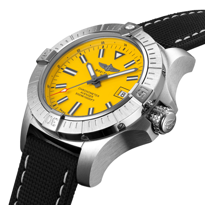 Bold, extremely robust and shock resistant, the Avenger Automatic 45 Seawolf is a pilots’ watch prepared for adventures well below the ocean’s surface (up to 300 bars - 3.000m). As a true Breitling Avenger, it can be used wearing gloves and offers unrivalled safety and reliability to any airborne adventurer. The Avenger Automatic 45 Seawolf features a sturdy 45mm stainless-steel case, striking yellow dial and a choice of a stainless-steel bracelet, or black military leather strap that fits either a stainless-steel pin buckle or folding clasp. With an impressive water resistance, the Seawolf is at ease up in the air and deep down the oceans. Thanks to its rugged bezel and its special grip-pattern on the crown, the Avenger Automatic 45 Seawolf can be easily operated wearing gloves.