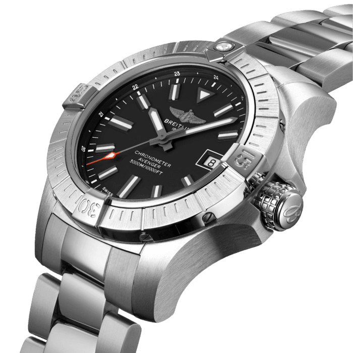 Bold, extremely robust and shock resistant, the Avenger Automatic 45 Seawolf is a pilots’ watch prepared for adventures well below the ocean’s surface (up to 300 bars - 3.000m). As a true Breitling Avenger, it can be used wearing gloves and offers unrivalled safety and reliability to any airborne adventurer. The Avenger Automatic 45 Seawolf features a sturdy 45mm stainless-steel case, black dial and a choice of a stainless-steel bracelet or black rubber strap that fits a stainless-steel folding clasp. With an impressive water resistance, the Seawolf is at ease up in the air and deep down the oceans. Thanks to its rugged bezel and its special grip-pattern on the crown, the Avenger Automatic 45 Seawolf can be easily operated wearing gloves. This edition is only available in the UK and limited to 350 pieces.