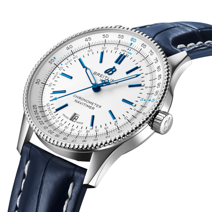 Refined and elegant, the Navitimer Automatic 41 combines the historic appeal of a true icon with the sophistication of a contemporary timepiece.
Available in a variety of materials including stainless steel and 18k red gold, the 41 mm case features a beaded bezel and a range of elegant black, anthracite, blue or silver dials. Offered either with a matching bracelet or a black, blue or brown alligator strap that fits both a stainless steel pin or folding buckle, the Navitimer Automatic 41 is powered by the Breitling Caliber 17, a COSC-certified chronometer. This edition is only available online and limited to 500 pieces.