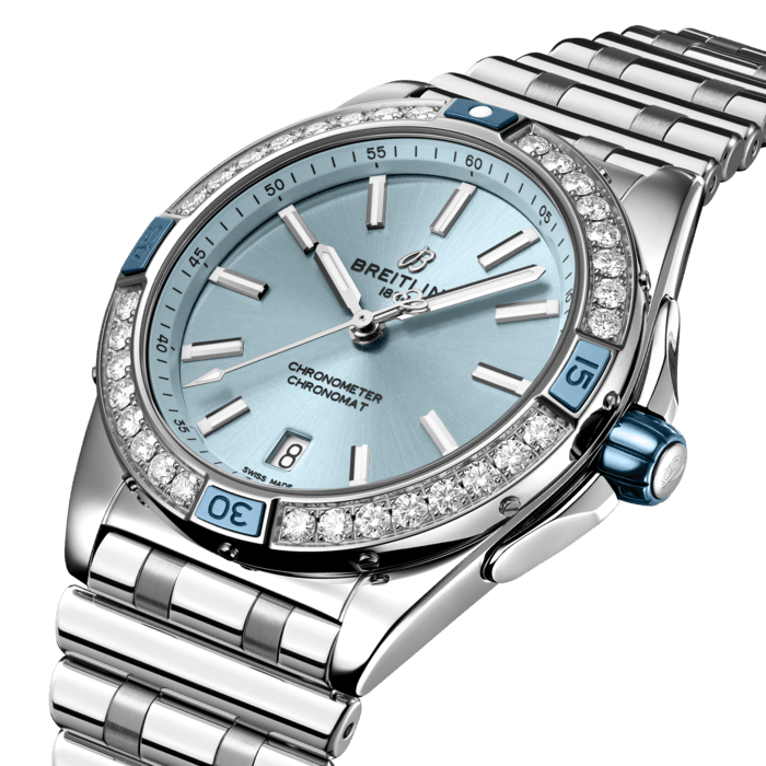 The Super Chronomat Automatic 38 is designed to make a statement, whether paired with a power suit or a t-shirt and jeans. You can tell a Super from the rest of the Chronomat family by the ceramic rider tabs and crown, and the rubber rouleaux bracelet only available with this supercharged line.
Aside from its enhanced presence, the Automatic 38 also has a radiant side. Oversized lab-grown diamonds make the rounds of its 18k red gold or stainless-steel bezel. Its dial colors add just the right amount of eye candy. Pair a favorite shade with a choice of bracelet or strap.