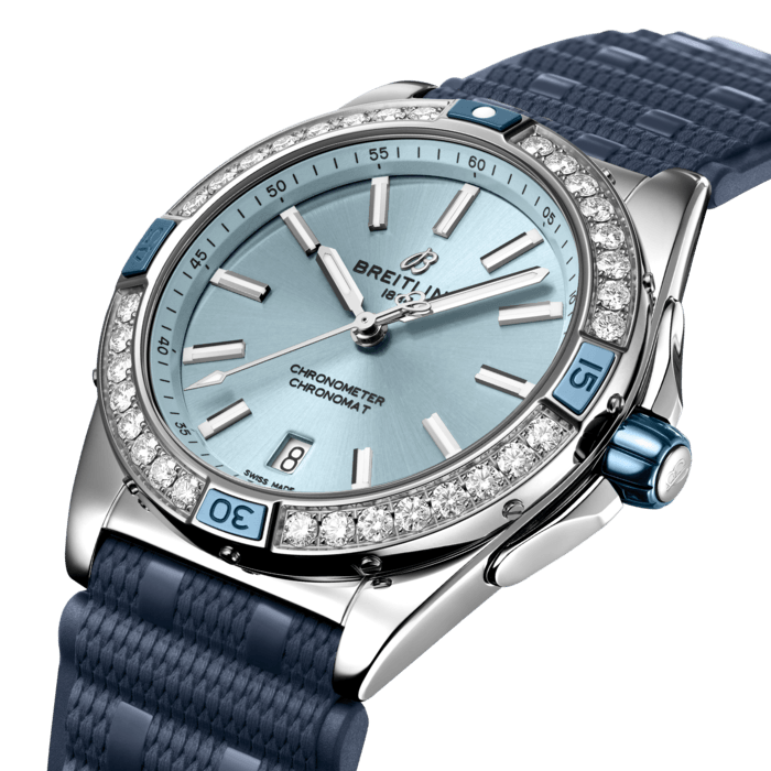 The Super Chronomat Automatic 38 is designed to make a statement, whether paired with a power suit or a t-shirt and jeans. You can tell a Super from the rest of the Chronomat family by the ceramic rider tabs and crown, and the rubber rouleaux bracelet only available with this supercharged line.
Aside from its enhanced presence, the Automatic 38 also has a radiant side. Oversized lab-grown diamonds make the rounds of its 18k red gold or stainless-steel bezel. Its dial colors add just the right amount of eye candy. Pair a favorite shade with a choice of bracelet or strap.