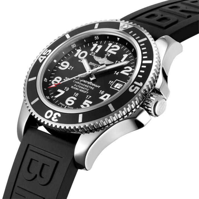 The Superocean II 42 is an inveterate diver’s model combining an ultra-sporty look with peerless performance, including water resistance to 500 m (1,650 ft). The rubber-molded fluted unidirectional rotating bezel displays clearly visible large numerals, a countdown of the last 15 dive-time minutes and a triangle with a luminescent marker at 12 o’clock. The polished steel case frames a black or blue dial and is fitted with a matching rubber strap. Precision is ensured by a chronometer-certified self-winding caliber.