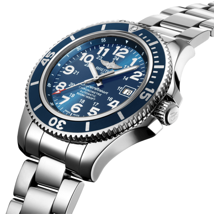 The Superocean II 42 is an inveterate diver’s model combining an ultra-sporty look with peerless performance, including water resistance to 500 m (1,650 ft). The rubber-molded fluted unidirectional rotating bezel displays clearly visible large numerals, a countdown of the last 15 dive-time minutes and a triangle with a luminescent marker at 12 o’clock. The polished steel case frames a black or blue dial and is fitted with a matching rubber strap. Precision is ensured by a chronometer-certified self-winding caliber.