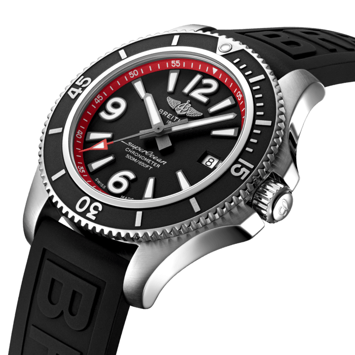 Sporty, fresh and colorful, this special Superocean Automatic 42 features a black dial with a striking colorful minute scale. Combining performance with contemporary style to fit every wrist, it is up to any challenge: dive with it, surf with it or swim with it!
This online exlusive features a sturdy 42mm stainless-steel case and black dial with a colorful minute scale. Matched to a black rubber strap that fits a stainless-steel pin buckle, this fresh and sporty Superocean Automatic 42 is not only ready for the challenges of the deep seas (up to 50 bar / 500 meters), but will also attract those whose adventures are a little closer to the shore.