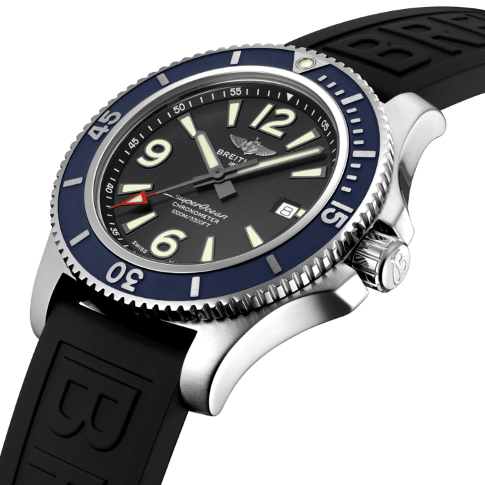 Sporty, fresh and colorful, the Superocean Automatic 44 is designed for men looking for a sports watch combining serious performance with contemporary style. It is up to any challenge: dive with it, surf with it or swim with it! The Superocean Automatic 44 features a sturdy 44mm stainless-steel case, colorful dials and a choice of a stainless-steel bracelet, or a color-matching rubber strap that fits either a stainless-steel pin buckle or folding clasp. Not only ready for the challenges of the deep seas (up to 100 bar / 1000 meters), the fresh and sporty Superocean Automatic 44 will also attract those whose adventures are a little closer to the shore.