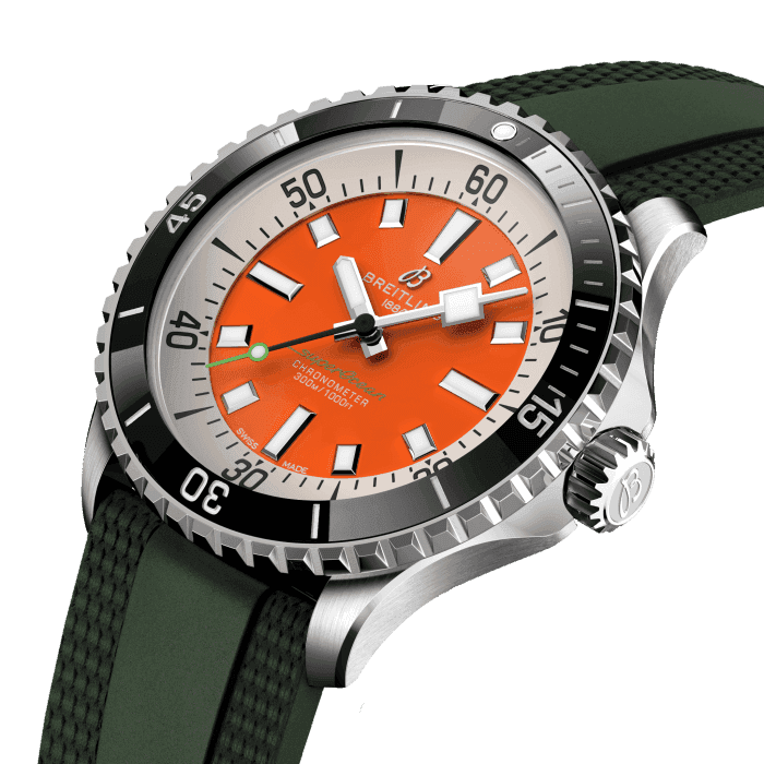 Performance and style for all your water-based pursuits.
In the 1960s, the new sport of scuba diving was all the rage. For divers, timing was everything, and Breitling set out to give them the most clear-cut dive watch possible by eliminating any feature that didn’t support their lifesaving needs underwater. This pared-down watch was named the Slow Motion. What remained were clean lines, chunky luminescent indexes, squared-off hands and a high-contrast dial ring, all aimed at maximum legibility. Practical, yes. But what people really fell in love with was the look.
The new Superocean retraces the Slow Motion's celebrated design codes, while adding modern features, like a ceramic-inlayed bezel and brightly colored dials. Broad hands and indexes in luminescent Super-LumiNova® allow for easy readability underwater. The watch is water resistant to 300 m (1000 ft), as well as being shock-, sand- and saltwater-resistant. The bronze version uses a special alloy that has excellent resistance to corrosion, yet will still develop a subtle patina over time that makes the watch even more unique. The two strap options (rubber and metal bracelet) have a folding clasp that allows for micro-adjustments of up to 15 mm for easy wear over rashies and wetsuits. Its scratch-proof ceramic inlayed bezel will never wear or fade. For safety, the bezel is uni-directional on most sizes and bi-directional with a patented lock on the 46 mm.
Best of all, this is no longer strictly a dive watch—surf with it, swim with it, hit the beach bar with it, then wear it out to dinner. The Superocean perfectly balances the nostalgia of its heritage with a fresh new look.
