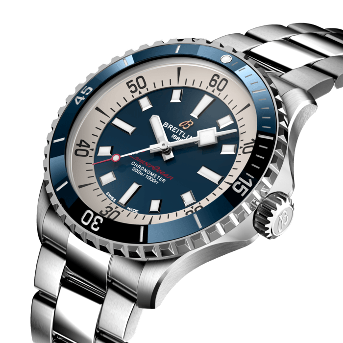 Performance and style for all your water-based pursuits.
In the 1960s, the new sport of scuba diving was all the rage. For divers, timing was everything, and Breitling set out to give them the most clear-cut dive watch possible by eliminating any feature that didn’t support their lifesaving needs underwater. This pared-down watch was named the Slow Motion. What remained were clean lines, chunky luminescent indexes, squared-off hands and a high-contrast dial ring, all aimed at maximum legibility. Practical, yes. But what people really fell in love with was the look.
The new Superocean retraces the Slow Motion's celebrated design codes, while adding modern features, like a ceramic-inlayed bezel and brightly colored dials. Broad hands and indexes in luminescent Super-LumiNova® allow for easy readability underwater. The watch is water resistant to 300 m (1000 ft), as well as being shock-, sand- and saltwater-resistant. The bronze version uses a special alloy that has excellent resistance to corrosion, yet will still develop a subtle patina over time that makes the watch even more unique. The two strap options (rubber and metal bracelet) have a folding clasp that allows for micro-adjustments of up to 15 mm for easy wear over rashies and wetsuits. Its scratch-proof ceramic inlayed bezel will never wear or fade. For safety, the bezel is uni-directional on most sizes and bi-directional with a patented lock on the 46 mm.
Best of all, this is no longer strictly a dive watch—surf with it, swim with it, hit the beach bar with it, then wear it out to dinner. The Superocean perfectly balances the nostalgia of its heritage with a fresh new look.