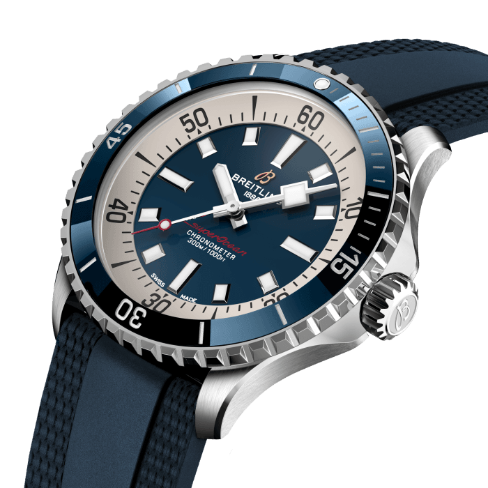 Performance and style for all your water-based pursuits.
In the 1960s, the new sport of scuba diving was all the rage. For divers, timing was everything, and Breitling set out to give them the most clear-cut dive watch possible by eliminating any feature that didn’t support their lifesaving needs underwater. This pared-down watch was named the Slow Motion. What remained were clean lines, chunky luminescent indexes, squared-off hands and a high-contrast dial ring, all aimed at maximum legibility. Practical, yes. But what people really fell in love with was the look.
The new Superocean retraces the Slow Motion's celebrated design codes, while adding modern features, like a ceramic-inlayed bezel and brightly colored dials. Broad hands and indexes in luminescent Super-LumiNova® allow for easy readability underwater. The watch is water resistant to 300 m (1000 ft), as well as being shock-, sand- and saltwater-resistant. The bronze version uses a special alloy that has excellent resistance to corrosion, yet will still develop a subtle patina over time that makes the watch even more unique. The two strap options (rubber and metal bracelet) have a folding clasp that allows for micro-adjustments of up to 15 mm for easy wear over rashies and wetsuits. Its scratch-proof ceramic inlayed bezel will never wear or fade. For safety, the bezel is uni-directional on most sizes and bi-directional with a patented lock on the 46 mm.
Best of all, this is no longer strictly a dive watch—surf with it, swim with it, hit the beach bar with it, then wear it out to dinner. The Superocean perfectly balances the nostalgia of its heritage with a fresh new look.