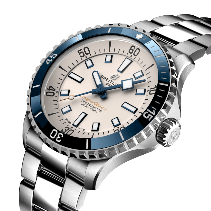 Performance and style for all your water-based pursuits.
In the 1960s, the new sport of scuba diving was all the rage. For divers, timing was everything, and Breitling set out to give them the most clear-cut dive watch possible by eliminating any feature that didn’t support their lifesaving needs underwater. This pared-down watch was named the Slow Motion. What remained were clean lines, chunky luminescent indexes, squared-off hands and a high-contrast dial ring, all aimed at maximum legibility. Practical, yes. But what people really fell in love with was the look.
The new Superocean retraces the Slow Motion's celebrated design codes, while adding modern features, like a ceramic-inlayed bezel and brightly colored dials. Broad hands and indexes in luminescent Super-LumiNova® allow for easy readability underwater. The watch is water resistant to 300 m (1000 ft), as well as being shock-, sand- and saltwater-resistant. The bronze version uses a special alloy that has excellent resistance to corrosion, yet will still develop a subtle patina over time that makes the watch even more unique. The two strap options (rubber and metal bracelet) have a folding clasp that allows for micro-adjustments of up to 15 mm for easy wear over rashies and wetsuits. Its scratch-proof ceramic inlayed bezel will never wear or fade. For safety, the bezel is uni-directional on most sizes and bi-directional with a patented lock on the 46 mm.
Best of all, this is no longer strictly a dive watch—surf with it, swim with it, hit the beach bar with it, then wear it out to dinner. The Superocean perfectly balances the nostalgia of its heritage with a fresh new look.