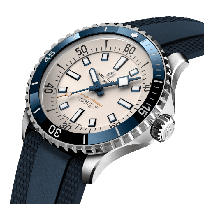Performance and style for all your water-based pursuits.
In the 1960s, the new sport of scuba diving was all the rage. For divers, timing was everything, and Breitling set out to give them the most clear-cut dive watch possible by eliminating any feature that didn’t support their lifesaving needs underwater. This pared-down watch was named the Slow Motion. What remained were clean lines, chunky luminescent indexes, squared-off hands and a high-contrast dial ring, all aimed at maximum legibility. Practical, yes. But what people really fell in love with was the look.
The new Superocean retraces the Slow Motion's celebrated design codes, while adding modern features, like a ceramic-inlayed bezel and brightly colored dials. Broad hands and indexes in luminescent Super-LumiNova® allow for easy readability underwater. The watch is water resistant to 300 m (1000 ft), as well as being shock-, sand- and saltwater-resistant. The bronze version uses a special alloy that has excellent resistance to corrosion, yet will still develop a subtle patina over time that makes the watch even more unique. The two strap options (rubber and metal bracelet) have a folding clasp that allows for micro-adjustments of up to 15 mm for easy wear over rashies and wetsuits. Its scratch-proof ceramic inlayed bezel will never wear or fade. For safety, the bezel is uni-directional on most sizes and bi-directional with a patented lock on the 46 mm.
Best of all, this is no longer strictly a dive watch—surf with it, swim with it, hit the beach bar with it, then wear it out to dinner. The Superocean perfectly balances the nostalgia of its heritage with a fresh new look.