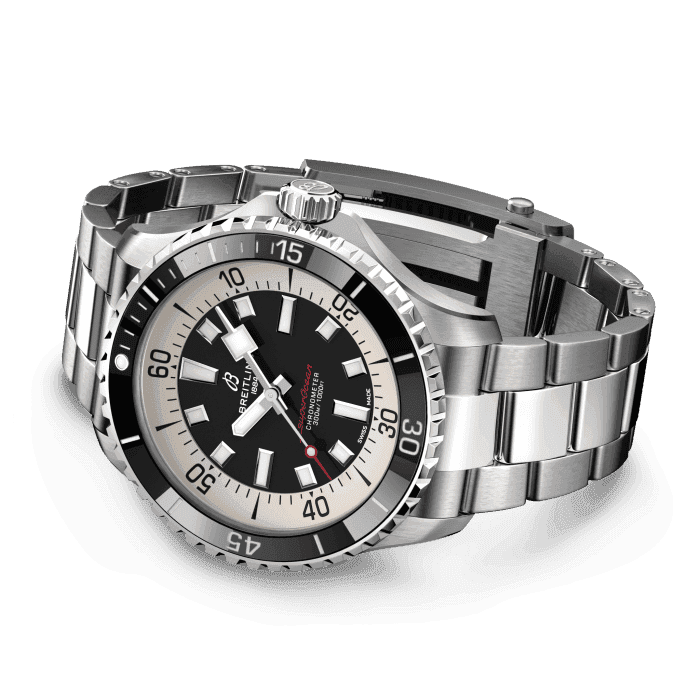 Performance and style for all your water-based pursuits.
In the 1960s, the new sport of scuba diving was all the rage. For divers, timing was everything, and Breitling set out to give them the most clear-cut dive watch possible by eliminating any feature that didn’t support their lifesaving needs underwater. This pared-down watch was named the Slow Motion. What remained were clean lines, chunky luminescent indexes, squared-off hands and a high-contrast dial ring, all aimed at maximum legibility. Practical, yes. But what people really fell in love with was the look.
The new Superocean retraces the Slow Motion's celebrated design codes, while adding modern features, like a ceramic-inlayed bezel and brightly colored dials. Broad hands and indexes in luminescent Super-LumiNova® allow for easy readability underwater. The watch is water resistant to 300 m (1000 ft), as well as being shock-, sand- and saltwater-resistant. The bronze version uses a special alloy that has excellent resistance to corrosion, yet will still develop a subtle patina over time that makes the watch even more unique. The two strap options (rubber and metal bracelet) have a folding clasp that allows for micro-adjustments of up to 15 mm for easy wear over rashies and wetsuits. Its scratch-proof ceramic inlayed bezel will never wear or fade. For safety, the bezel is uni-directional on most sizes and bi-directional with a patented lock on the 46 mm.
Best of all, this is no longer strictly a dive watch—surf with it, swim with it, hit the beach bar with it, then wear it out to dinner. The Superocean perfectly balances the nostalgia of its heritage with a fresh new look.