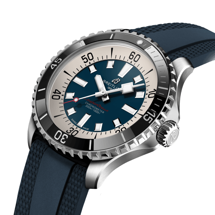 Performance and style for all your water-based pursuits.
In the 1960s, the new sport of scuba diving was all the rage. For divers, timing was everything, and Breitling set out to give them the most clear-cut dive watch possible by eliminating any feature that didn’t support their lifesaving needs underwater. This pared-down watch was named the Slow Motion. What remained were clean lines, chunky luminescent indexes, squared-off hands and a high-contrast dial ring, all aimed at maximum legibility. Practical, yes. But what people really fell in love with was the look.
The new Superocean retraces the Slow Motion's celebrated design codes, while adding modern features, like a ceramic-inlayed bezel and brightly colored dials. Broad hands and indexes in luminescent Super-LumiNova® allow for easy readability underwater. The watch is water resistant to 300 m (1000 ft), as well as being shock-, sand- and saltwater-resistant. The bronze version uses a special alloy that has excellent resistance to corrosion, yet will still develop a subtle patina over time that makes the watch even more unique. The two strap options (rubber and metal bracelet) have a folding clasp that allows for micro-adjustments of up to 15 mm for easy wear over rashies and wetsuits. Its scratch-proof ceramic inlayed bezel will never wear or fade. For safety, the bezel is uni-directional on most sizes and bi-directional with a patented lock on the 46 mm.
Best of all, this is no longer strictly a dive watch—surf with it, swim with it, hit the beach bar with it, then wear it out to dinner. The Superocean perfectly balances the nostalgia of its heritage with a fresh new look.