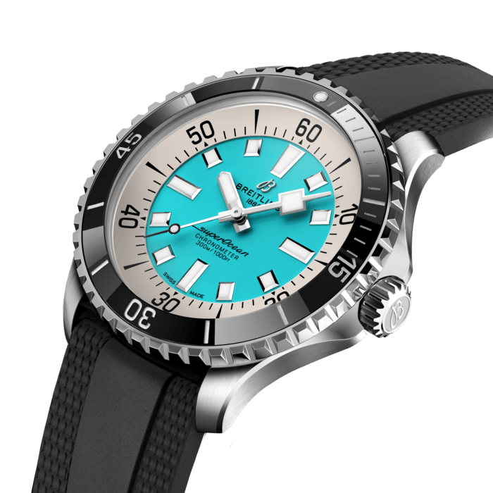 Performance and style for all your water-based pursuits.
In the 1960s, the new sport of scuba diving was all the rage. For divers, timing was everything, and Breitling set out to give them the most clear-cut dive watch possible by eliminating any feature that didn’t support their lifesaving needs underwater. This pared-down watch was named the Slow Motion. What remained were clean lines, chunky luminescent indexes, squared-off hands and a high-contrast dial ring, all aimed at maximum legibility. Practical, yes. But what people really fell in love with was the look.
The new Superocean retraces the Slow Motion's celebrated design codes, while adding modern features, like a ceramic-inlayed bezel and brightly colored dials. Broad hands and indexes in luminescent Super-LumiNova® allow for easy readability underwater. The watch is water resistant to 300 m (1000 ft), as well as being shock-, sand- and saltwater-resistant. The bronze version uses a special alloy that has excellent resistance to corrosion, yet will still develop a subtle patina over time that makes the watch even more unique. The two strap options (rubber and metal bracelet) have a folding clasp that allows for micro-adjustments of up to 15 mm for easy wear over rashies and wetsuits. Its scratch-proof ceramic inlayed bezel will never wear or fade. For safety, the bezel is uni-directional on most sizes and bi-directional with a patented lock on the 46 mm.
Best of all, this is no longer strictly a dive watch—surf with it, swim with it, hit the beach bar with it, then wear it out to dinner. The Superocean perfectly balances the nostalgia of its heritage with a fresh new look.