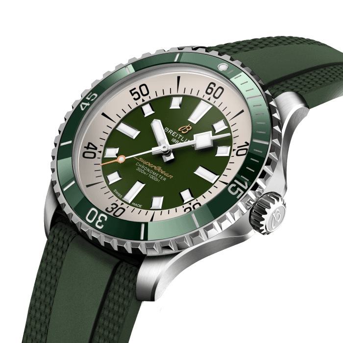 Performance and style for all your water-based pursuits.
In the 1960s, the new sport of scuba diving was all the rage. For divers, timing was everything, and Breitling set out to give them the most clear-cut dive watch possible by eliminating any feature that didn’t support their lifesaving needs underwater. This pared-down watch was named the Slow Motion. What remained were clean lines, chunky luminescent indexes, squared-off hands and a high-contrast dial ring, all aimed at maximum legibility. Practical, yes. But what people really fell in love with was the look.
The new Superocean retraces the Slow Motion's celebrated design codes, while adding modern features, like a ceramic-inlayed bezel and brightly colored dials. Broad hands and indexes in luminescent Super-LumiNova® allow for easy readability underwater. The watch is water resistant to 300 m (1000 ft), as well as being shock-, sand- and saltwater-resistant. The bronze version uses a special alloy that has excellent resistance to corrosion, yet will still develop a subtle patina over time that makes the watch even more unique. The two strap options (rubber and metal bracelet) have a folding clasp that allows for micro-adjustments of up to 15 mm for easy wear over rashies and wetsuits. Its scratch-proof ceramic inlayed bezel will never wear or fade. For safety, the bezel is uni-directional on most sizes and bi-directional with a patented lock on the 46 mm.
Best of all, this is no longer strictly a dive watch—surf with it, swim with it, hit the beach bar with it, then wear it out to dinner. The Superocean perfectly balances the nostalgia of its heritage with a fresh new look.