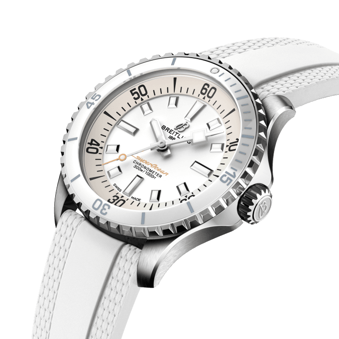 Performance and style for all your water-based pursuits.
In the 1960s, the new sport of scuba diving was all the rage. For divers, timing was everything, and Breitling set out to give them the most clear-cut dive watch possible by eliminating any feature that didn’t support their lifesaving needs underwater. This pared-down watch was named the Slow Motion. What remained were clean lines, chunky luminescent indexes, squared-off hands and a high-contrast dial ring, all aimed at maximum legibility. Practical, yes. But what people really fell in love with was the look.
The new Superocean retraces the Slow Motion's celebrated design codes, while adding modern features, like a ceramic-inlayed bezel and brightly colored dials. Broad hands and indexes in luminescent Super-LumiNova® allow for easy readability underwater. The watch is water resistant to 300 m (1000 ft), as well as being shock-, sand- and saltwater-resistant. The bronze version uses a special alloy that has excellent resistance to corrosion, yet will still develop a subtle patina over time that makes the watch even more unique. The two strap options (rubber and metal bracelet) have a folding clasp that allows for micro-adjustments of up to 15 mm for easy wear over rashies and wetsuits. Its scratch-proof ceramic inlayed bezel will never wear or fade. For safety, the bezel is uni-directional on most sizes and bi-directional with a patented lock on the 46 mm.
Best of all, this is no longer strictly a dive watch—surf with it, swim with it, hit the beach bar with it, then wear it out to dinner. The Superocean perfectly balances the nostalgia of its heritage with a fresh new look.