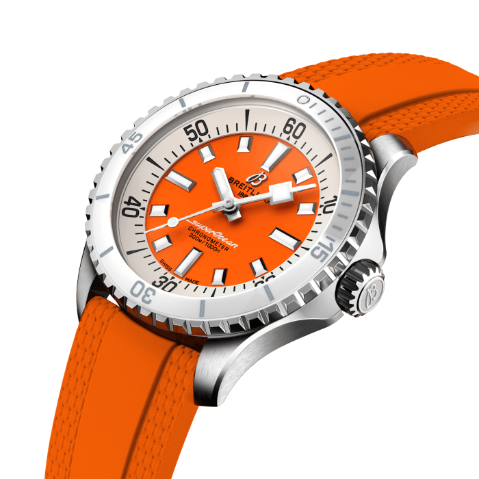 Performance and style for all your water-based pursuits.
In the 1960s, the new sport of scuba diving was all the rage. For divers, timing was everything, and Breitling set out to give them the most clear-cut dive watch possible by eliminating any feature that didn’t support their lifesaving needs underwater. This pared-down watch was named the Slow Motion. What remained were clean lines, chunky luminescent indexes, squared-off hands and a high-contrast dial ring, all aimed at maximum legibility. Practical, yes. But what people really fell in love with was the look.
The new Superocean retraces the Slow Motion's celebrated design codes, while adding modern features, like a ceramic-inlayed bezel and brightly colored dials. Broad hands and indexes in luminescent Super-LumiNova® allow for easy readability underwater. The watch is water resistant to 300 m (1000 ft), as well as being shock-, sand- and saltwater-resistant. The bronze version uses a special alloy that has excellent resistance to corrosion, yet will still develop a subtle patina over time that makes the watch even more unique. The two strap options (rubber and metal bracelet) have a folding clasp that allows for micro-adjustments of up to 15 mm for easy wear over rashies and wetsuits. Its scratch-proof ceramic inlayed bezel will never wear or fade. For safety, the bezel is uni-directional on most sizes and bi-directional with a patented lock on the 46 mm.
Best of all, this is no longer strictly a dive watch—surf with it, swim with it, hit the beach bar with it, then wear it out to dinner. The Superocean perfectly balances the nostalgia of its heritage with a fresh new look.