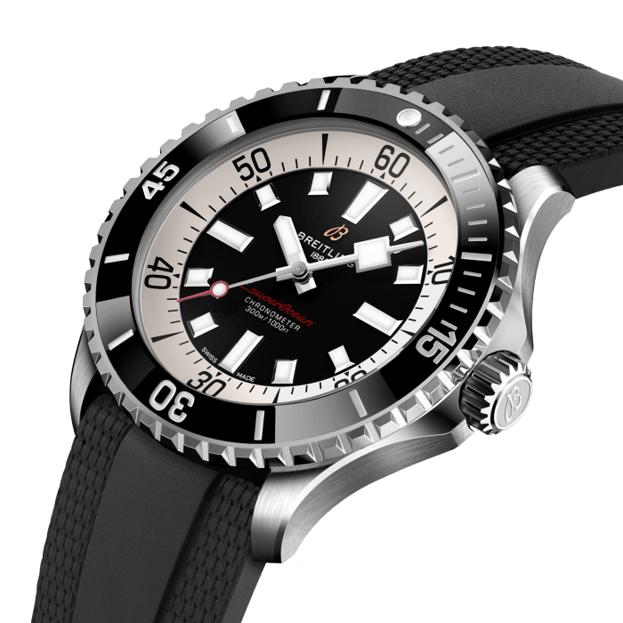 Performance and style for all your water-based pursuits.
In the 1960s, the new sport of scuba diving was all the rage. For divers, timing was everything, and Breitling set out to give them the most clear-cut dive watch possible by eliminating any feature that didn’t support their lifesaving needs underwater. This pared-down watch was named the Slow Motion. What remained were clean lines, chunky luminescent indexes, squared-off hands and a high-contrast dial ring, all aimed at maximum legibility. Practical, yes. But what people really fell in love with was the look.
The new Superocean retraces the Slow Motion's celebrated design codes, while adding modern features, like a ceramic-inlayed bezel and brightly colored dials. Broad hands and indexes in luminescent Super-LumiNova® allow for easy readability underwater. The watch is water resistant to 300 m (1000 ft), as well as being shock-, sand- and saltwater-resistant. The bronze version uses a special alloy that has excellent resistance to corrosion, yet will still develop a subtle patina over time that makes the watch even more unique. The two strap options (rubber and metal bracelet) have a folding clasp that allows for micro-adjustments of up to 15 mm for easy wear over rashies and wetsuits. Its scratch-proof ceramic inlayed bezel will never wear or fade. For safety, the bezel is uni-directional on most sizes and bi-directional with a patented lock on the 46 mm.
Best of all, this is no longer strictly a dive watch—surf with it, swim with it, hit the beach bar with it, then wear it out to dinner. The Superocean perfectly balances the nostalgia of its heritage with a fresh new look.