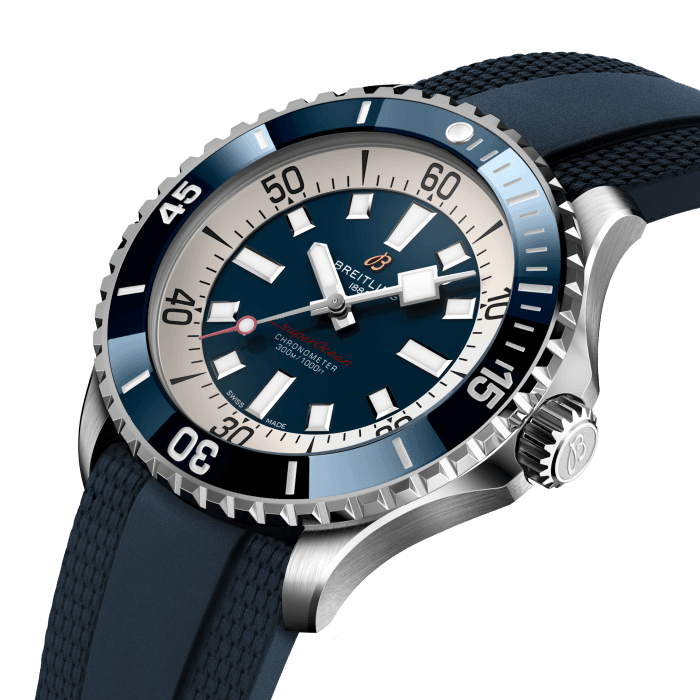 Performance and style for all your water-based pursuits.
In the 1960s, the new sport of scuba diving was all the rage. For divers, timing was everything, and Breitling set out to give them the most clear-cut dive watch possible by eliminating any feature that didn’t support their lifesaving needs underwater. This pared-down watch was named the Slow Motion. What remained were clean lines, chunky luminescent indexes, squared-off hands and a high-contrast dial ring, all aimed at maximum legibility. Practical, yes. But what people really fell in love with was the look.
The new Superocean retraces the Slow Motion's celebrated design codes, while adding modern features, like a ceramic-inlayed bezel and brightly colored dials. Broad hands and indexes in luminescent Super-LumiNova® allow for easy readability underwater. The watch is water resistant to 300 m (1000 ft), as well as being shock-, sand- and saltwater-resistant. The bronze version uses a special alloy that has excellent resistance to corrosion, yet will still develop a subtle patina over time that makes the watch even more unique. The two strap options (rubber and metal bracelet) have a folding clasp that allows for micro-adjustments of up to 15 mm for easy wear over rashies and wetsuits. Its scratch-proof ceramic inlayed bezel will never wear or fade. For safety, the bezel is uni-directional on most sizes and bi-directional with a patented lock on the 46 mm.
Best of all, this is no longer strictly a dive watch—surf with it, swim with it, hit the beach bar with it, then wear it out to dinner. The Superocean perfectly balances the nostalgia of its heritage with a fresh new look.