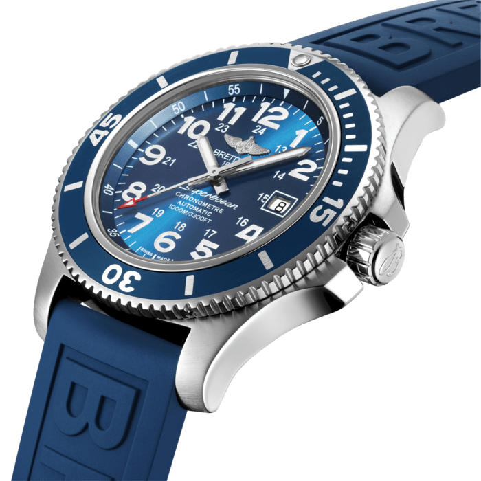 Equipped with a sturdy 44 mm-diameter case in satin-brushed steel, the Superocean II 44 dive watch is renowned for its exceptional water resistance to depths of 1,000 m (3,300 ft), and its ultra-legible black or blue dial bearing oversized numerals and hands enhanced with a luminescent coating. A security valve serves to equalize the differences in pressure between the interior and exterior of the case. It houses an officially chronometer-certified self-winding caliber for exceptional performance and accuracy.