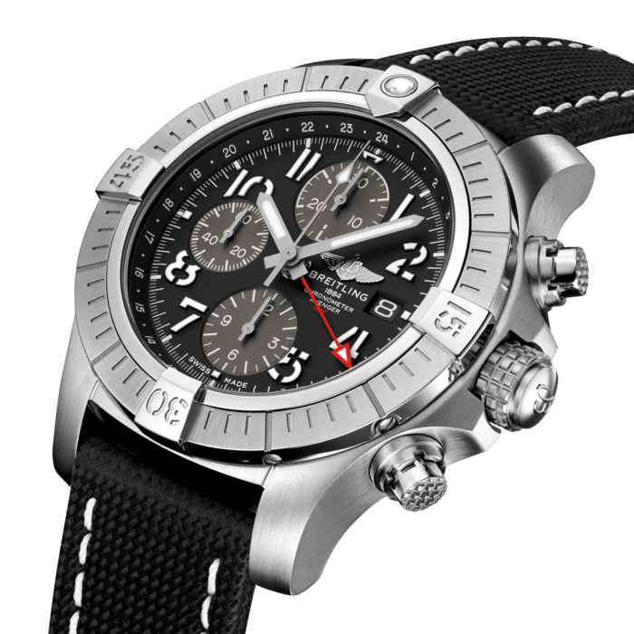 Bold, extremely robust and shock resistant, the Avenger Chronograph GMT 45 combines precision with a powerful design. As a true Breitling Avenger, it offers unrivalled safety and reliability to any airborne adventurer. The Avenger Chronograph GMT 45 features a sturdy 45mm stainless-steel case, black dial and a choice of a stainless-steel bracelet or matching military leather strap. Thanks to its rugged bezel and its special grip-pattern on the crown and chronograph pushers, the Avenger Chronograph GMT 45 can be easily operated wearing gloves.