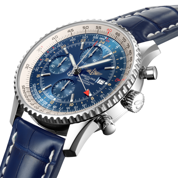 Ever ready for takeoff, the Navitimer World travel watch features an extremely practical and easily readable dual timezone system. A red-tipped additional central hand displays the time in another part of the globe on a 24-hour scale – thus indicating whether it is day or night in the relevant location. The selfwinding chronograph movement is protected by a large case available in steel. The caseback is engraved with the timezones of the world’s major cities.
