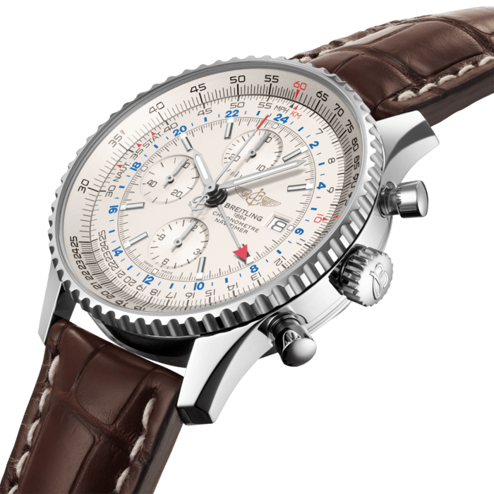 Ever ready for takeoff, the Navitimer World travel watch features an extremely practical and easily readable dual timezone system. A red-tipped additional central hand displays the time in another part of the globe on a 24-hour scale – thus indicating whether it is day or night in the relevant location. The selfwinding chronograph movement is protected by a large case available in steel. The caseback is engraved with the timezones of the world’s major cities.