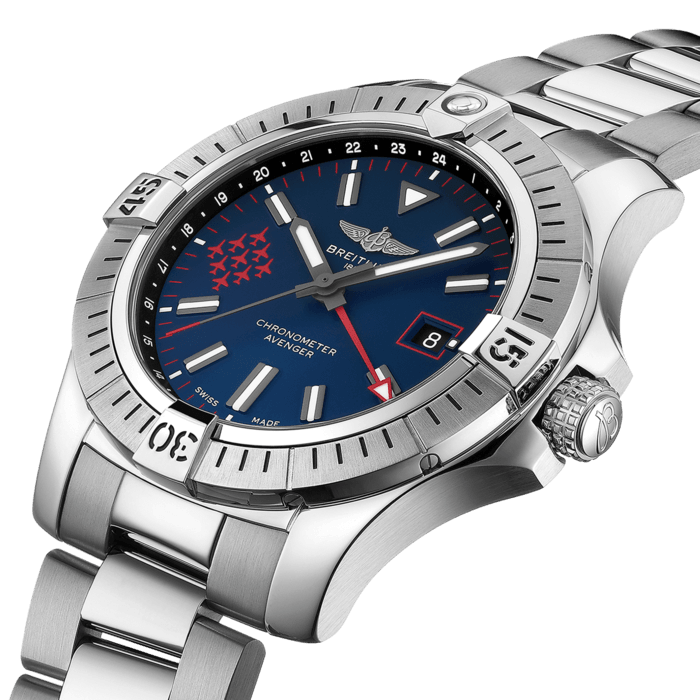 Bold, extremely robust and shock resistant, this Breitling Avenger is a tribute to the Royal Air Force Aerobatic Team, also known as the Red Arrows. The Avenger Automatic GMT 45 Red Arrows Limited Edition features a sturdy 45mm stainless-steel case, blue dial with the distinctive 9 red arrows and a stainless-steel bracelet. Thanks to its rugged bezel and its special grip-pattern on the crown, the Avenger Automatic GMT 45 Red Arrows Limited Edition can be easily operated wearing gloves. This special edition is limited to 220 pieces.